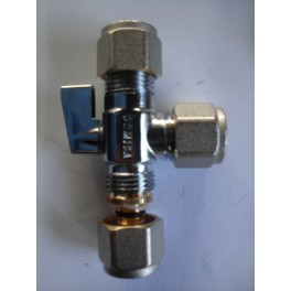 T-stuk voor aftakking afsluitbaar met kogelkraantje uitgevoerd voor meerlagenbuis 16 mm x 2.0 mm T-stuk voor aftakking afsluitbaar met kogelkraantje uitgevoerd voor meerlagenbuis 16 mm x 2.0 mm