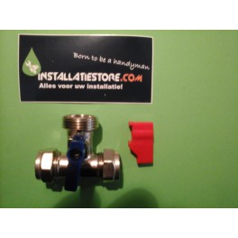 Wasmachine/Tapkraan met kogelafsluiter knel 15 mm x 3/4 model T-stuk incl. 2 vlinder-keuze-greep blauw of rood art 913741 Wasmachine/Tapkraan met kogelafsluiter knel 15 mm x 3/4 model T-stuk incl. 2 vlinder-keuze-greep blauw of rood art 913741